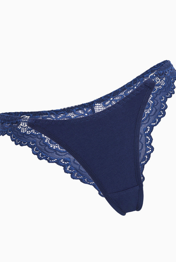 Navy blue string panty with lace trim. Low-rise cheeky design, soft and charming lingerie for women.