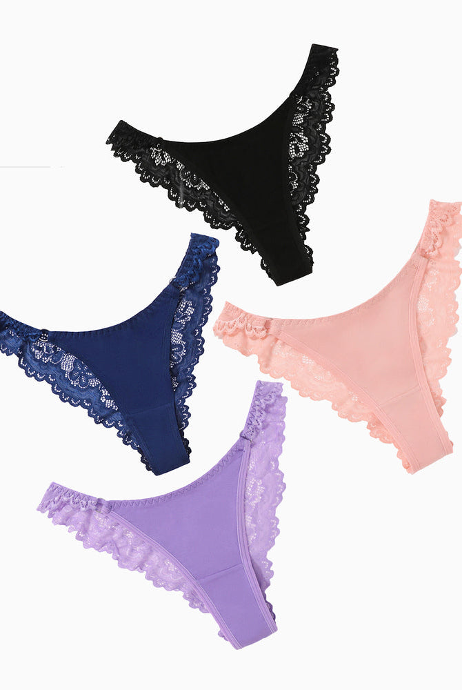 High-cut hipster string panties in various colors with lace detail. Low-rise cheeky design.