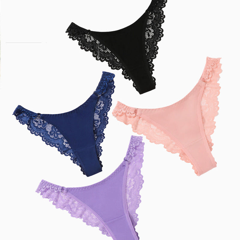 High-cut hipster string panties in various colors with lace detail. Low-rise cheeky design.