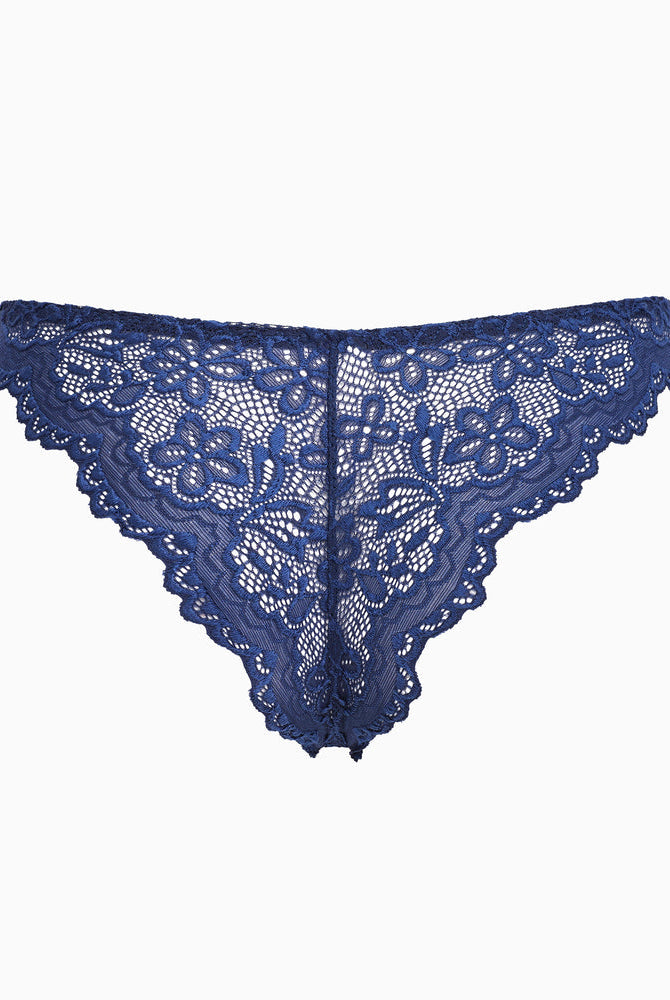 Navy blue floral lace string panty. Low-rise cheeky design. Soft, charming lingerie for women.