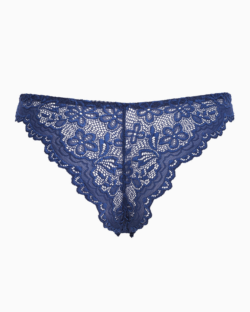 Navy blue floral lace string panty. Low-rise cheeky design. Soft, charming lingerie for women.