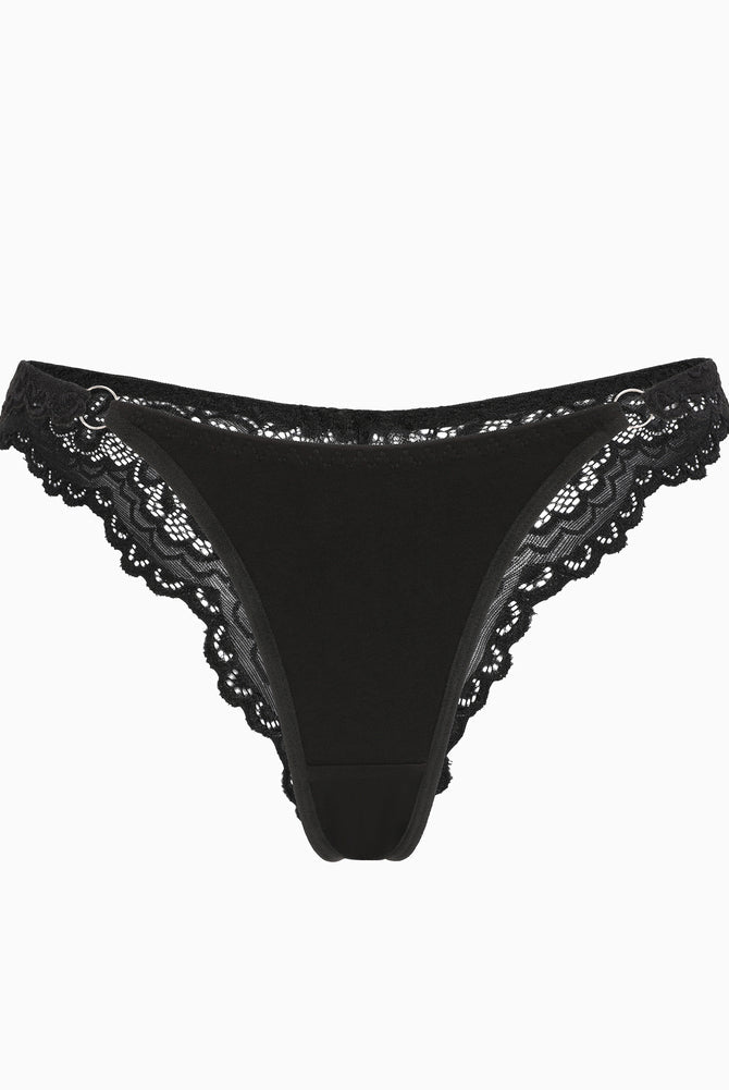 Black string panty with lace trim, low-rise cheeky design. Soft, charming lingerie for women