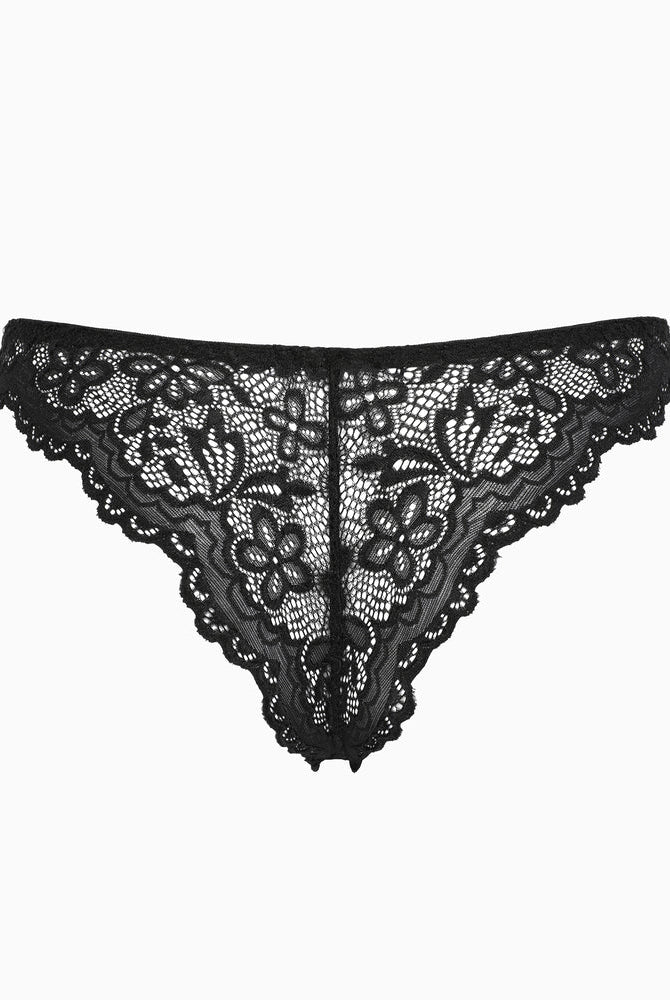 Black floral lace string panty, low-rise cheeky design for women, soft stretch, charming lingerie.