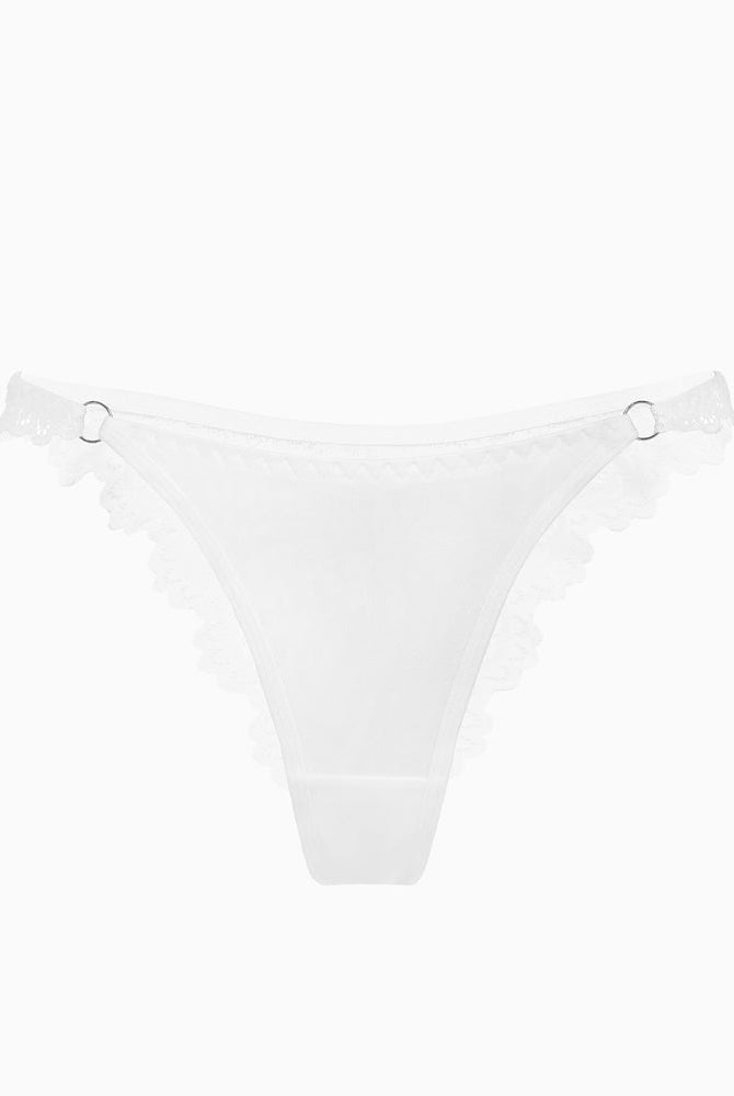 White string panty with lace trim and ring detail. Low-rise cheeky design. Soft lingerie.