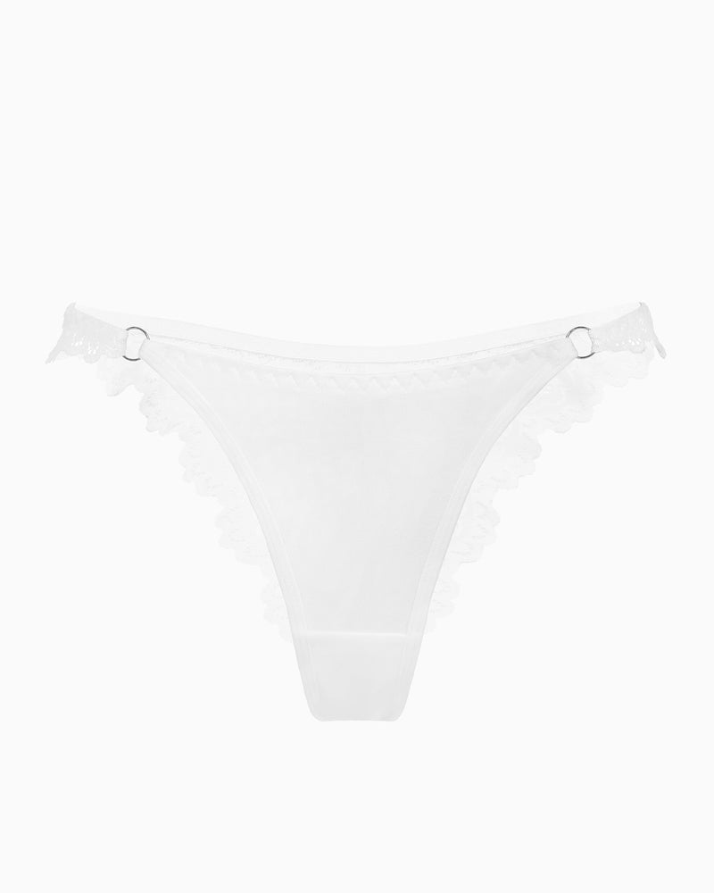 White string panty with lace trim and ring detail. Low-rise cheeky design. Soft lingerie.