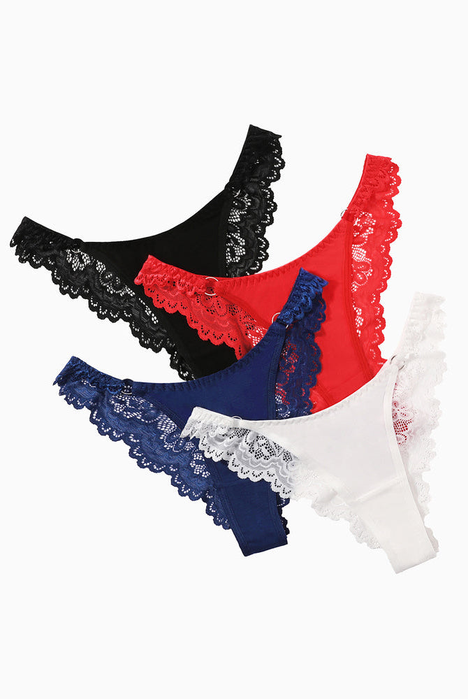 Multi-color string panties with lace trim. Low-rise cheeky design in black, red, navy, and white.