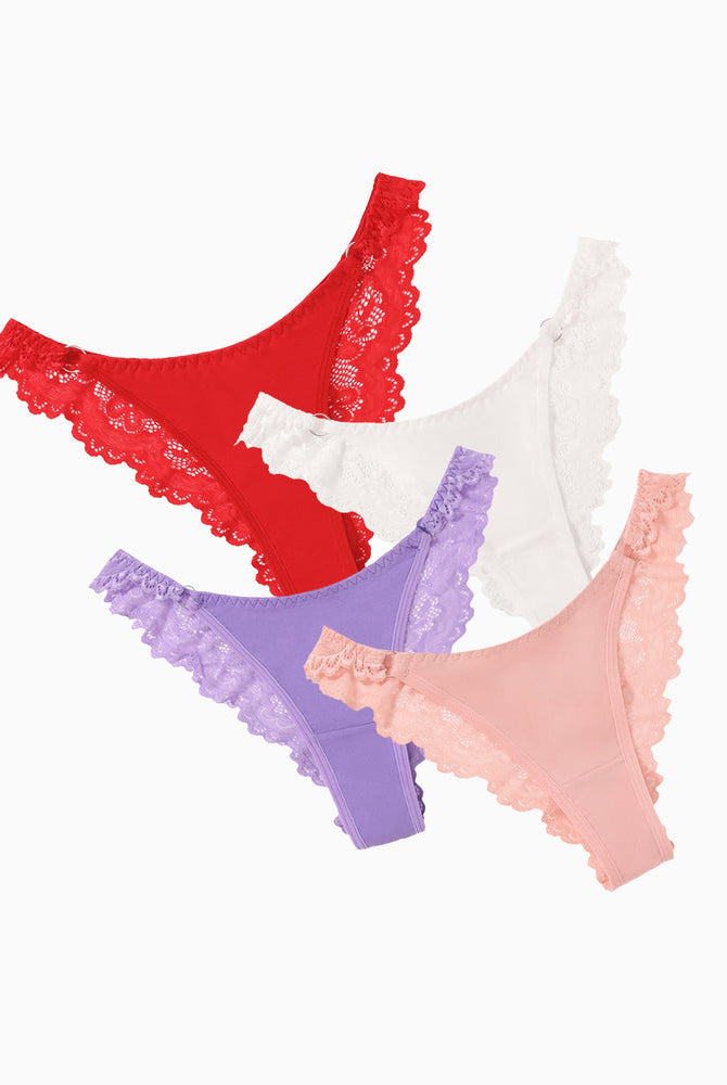 Multi-color string panties with lace trim. Low-rise cheeky design. Soft, charming lingerie.