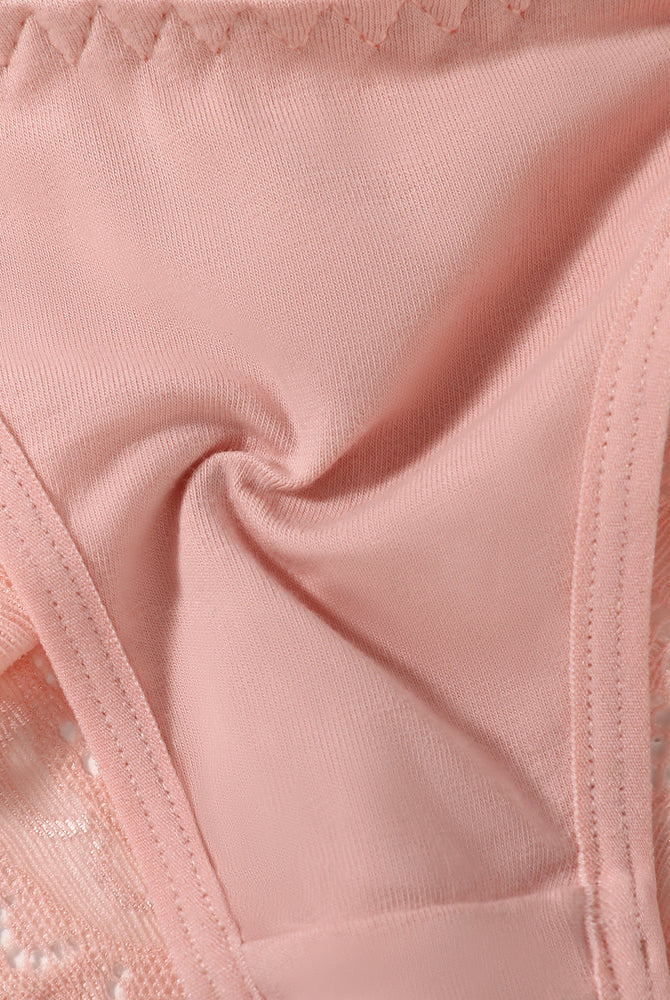 Pink string panty with lace trim. Low-rise cheeky design. Soft, charming lingerie for women.