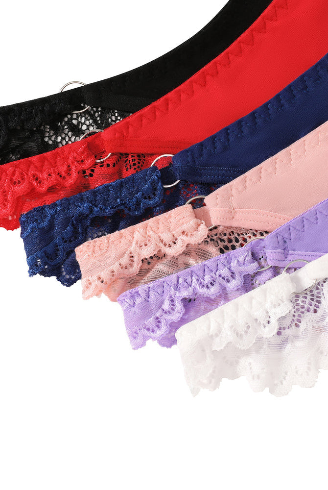 Colorful string panties, lace trim, cheeky cut. In black, red, navy, pink, purple, white.