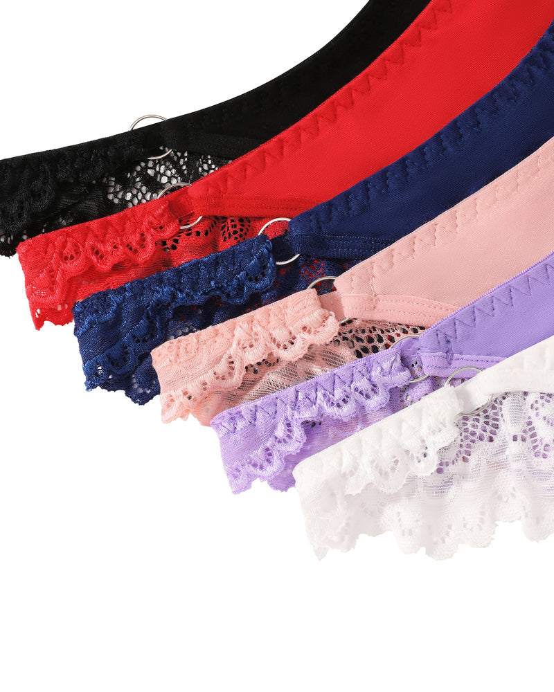 Colorful string panties, lace trim, cheeky cut. In black, red, navy, pink, purple, white.