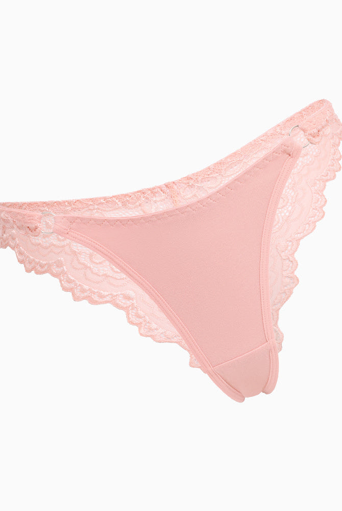 Pink string panty with lace trim. Low-rise cheeky design, soft and charming lingerie for women.