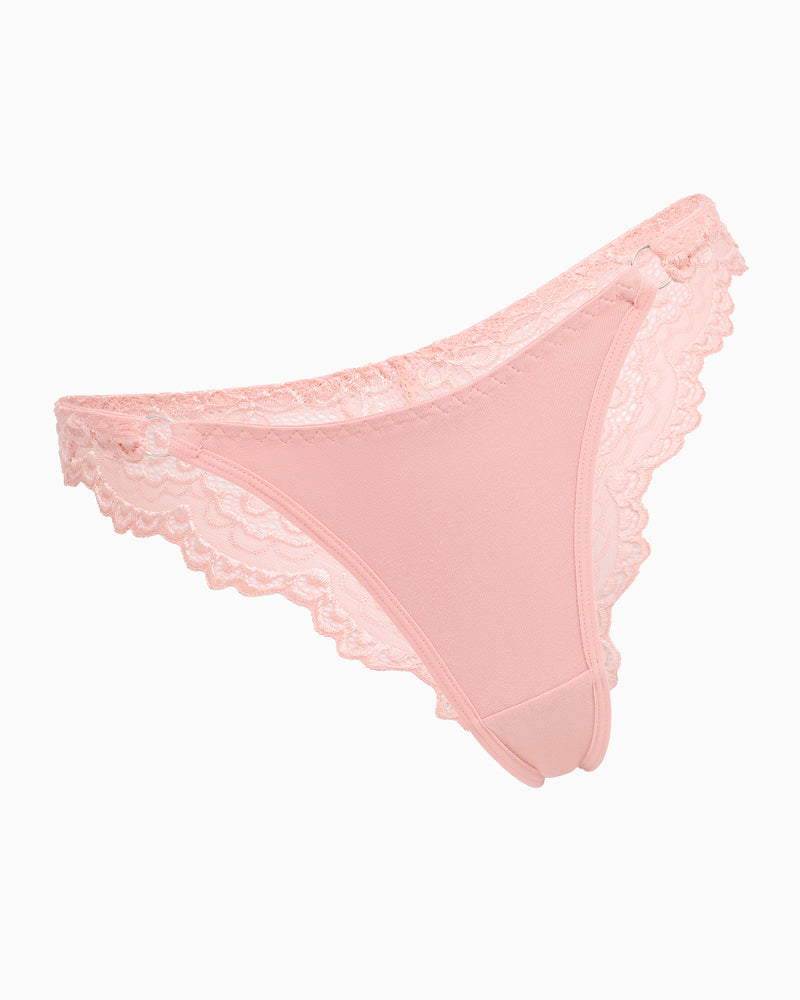 Pink string panty with lace trim. Low-rise cheeky design, soft and charming lingerie for women.