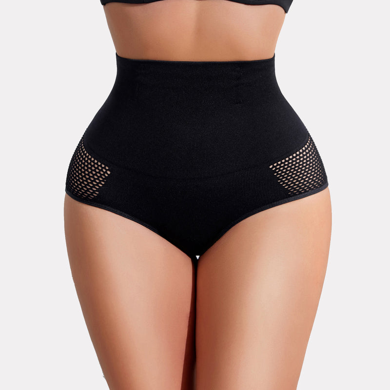 High-waisted black tummy control shapewear panty with mesh detail, creating a slimmer curve