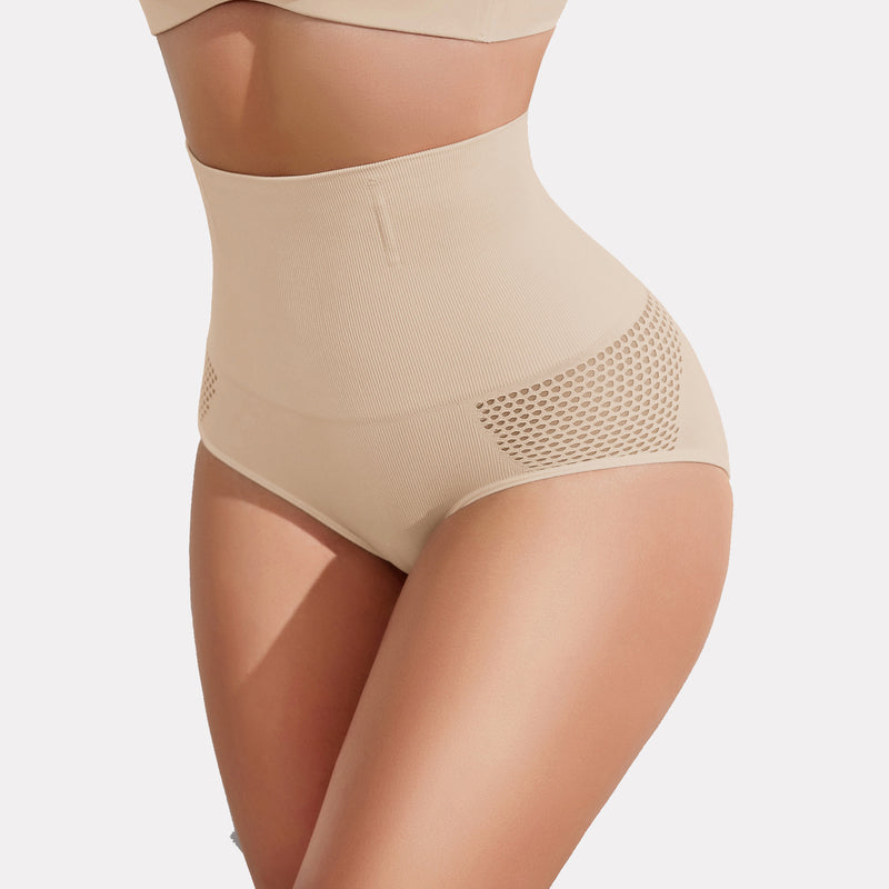 Beige high-waisted tummy control shapewear panty with mesh detail creating a slimmer curve for women