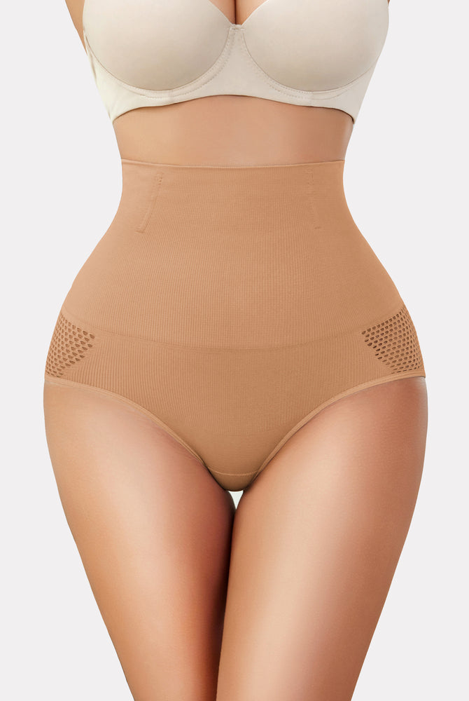 Beige high-waisted tummy control shapewear panty with mesh detail for a slimmer feminine curve