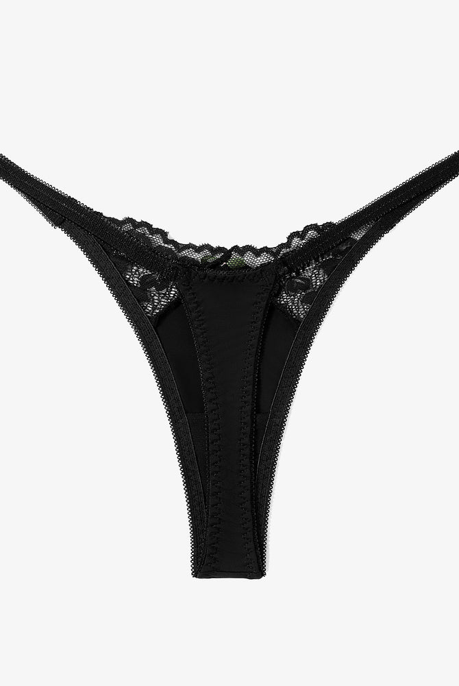 Black lace G-string thong. Sexy T-back panties with breathable lace detail. Nylon and Spandex blend.
