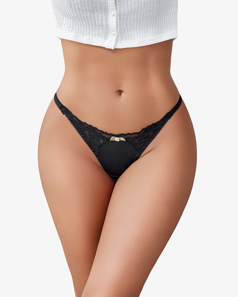 Black G-string thong with lace detailing and a small bow, perfect for a sexy and confident look.