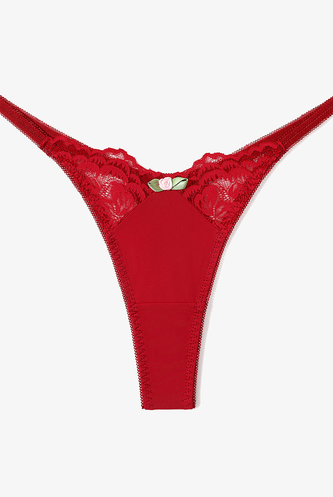 Red lace G-string thong with rose detail. Sexy T-back style lingerie.