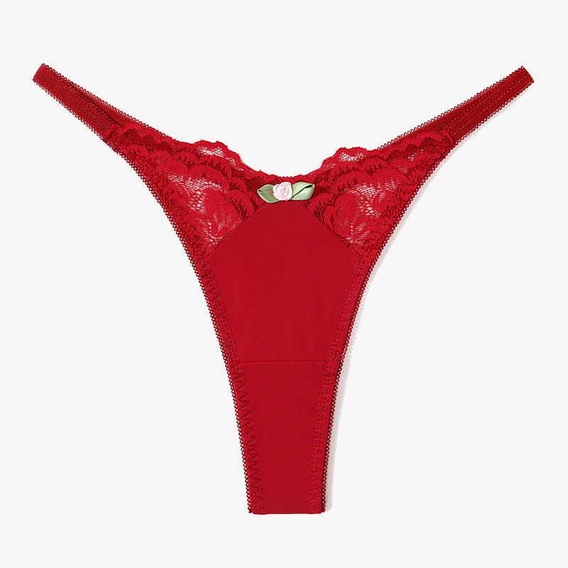 Red lace G-string thong with rose detail. Sexy T-back style lingerie.