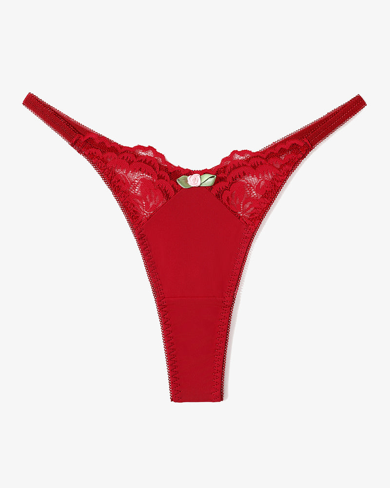 Red lace G-string thong with rose detail. Sexy T-back style lingerie.