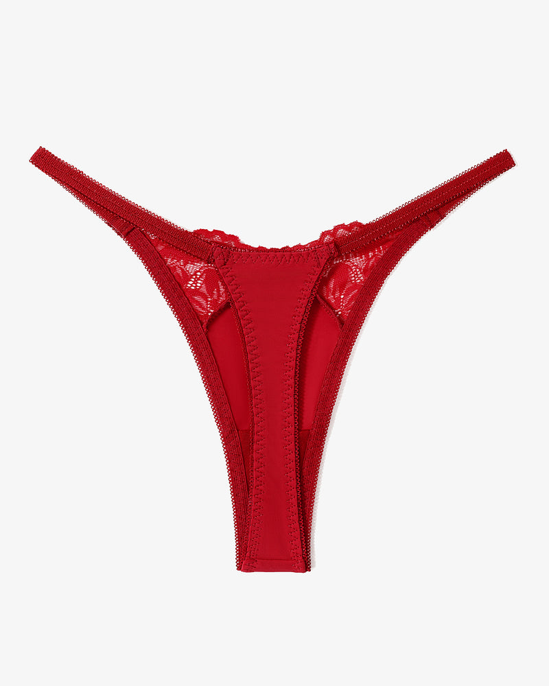 Red lace G-string thong. Sexy T-back style lingerie. Nylon & Spandex blend.