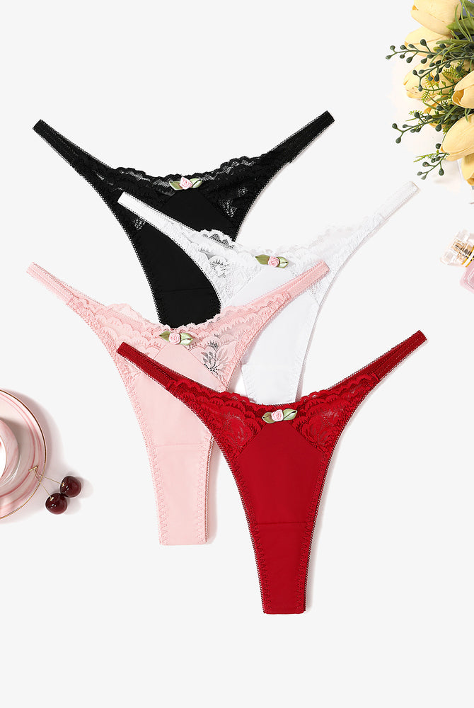Multi-color G-string thongs with lace detail. Featuring black, white, pink and red T-back panties.