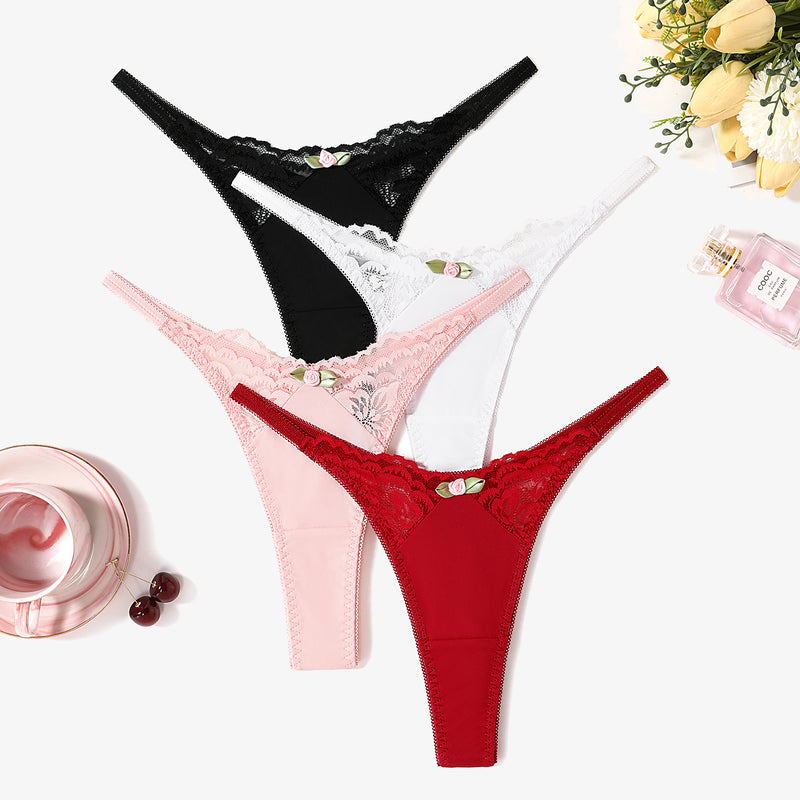 Multi-color G-string thongs with lace detail. Featuring black, white, pink and red T-back panties.