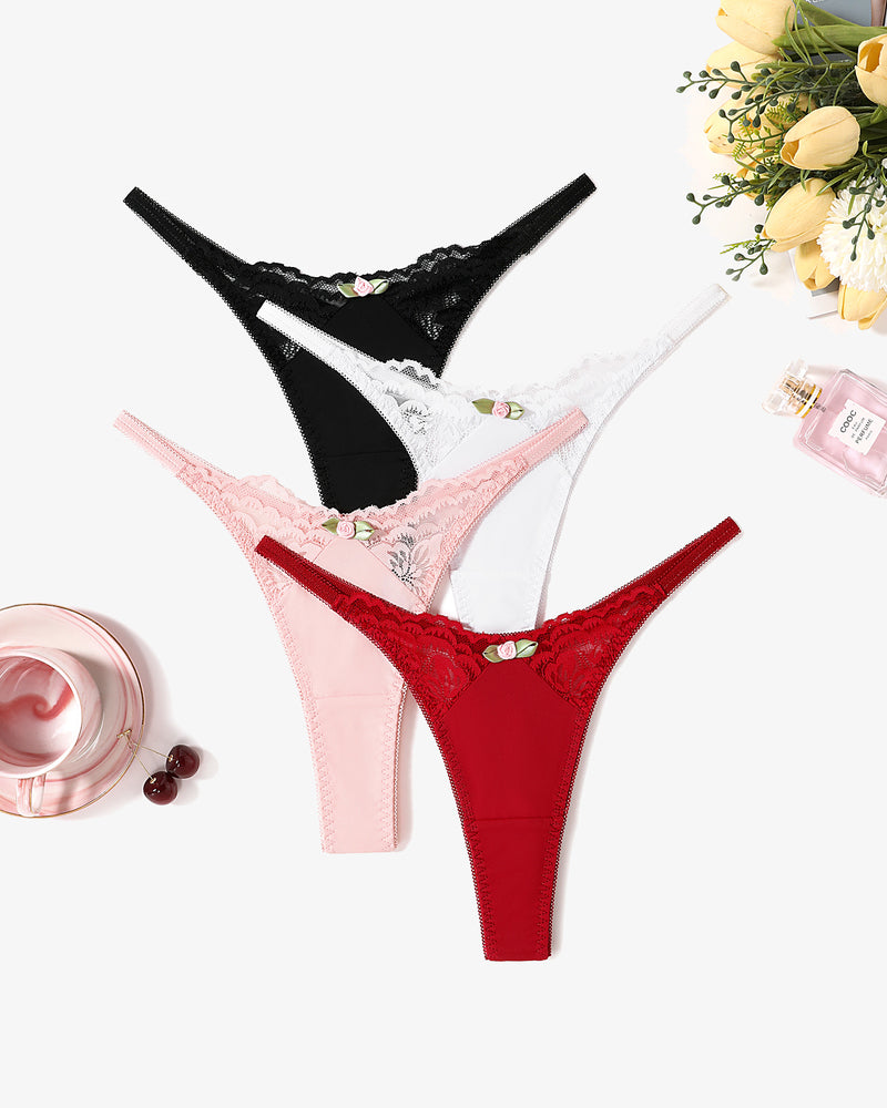 Multi-color G-string thongs with lace detail. Featuring black, white, pink and red T-back panties.