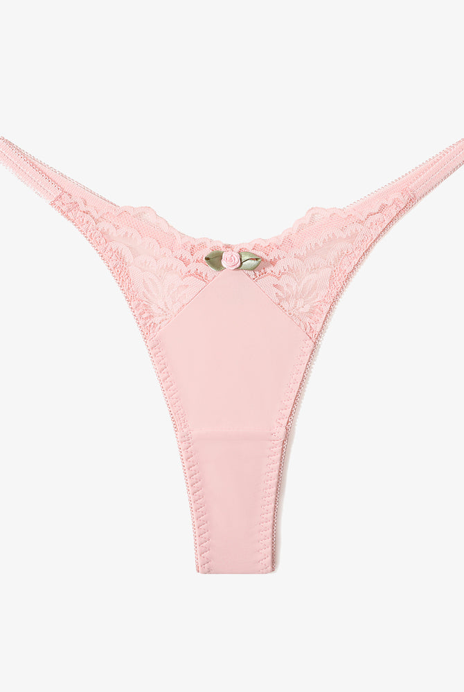 Pink lace T-back G-string thong with rose detail. Sexy lingerie for women.