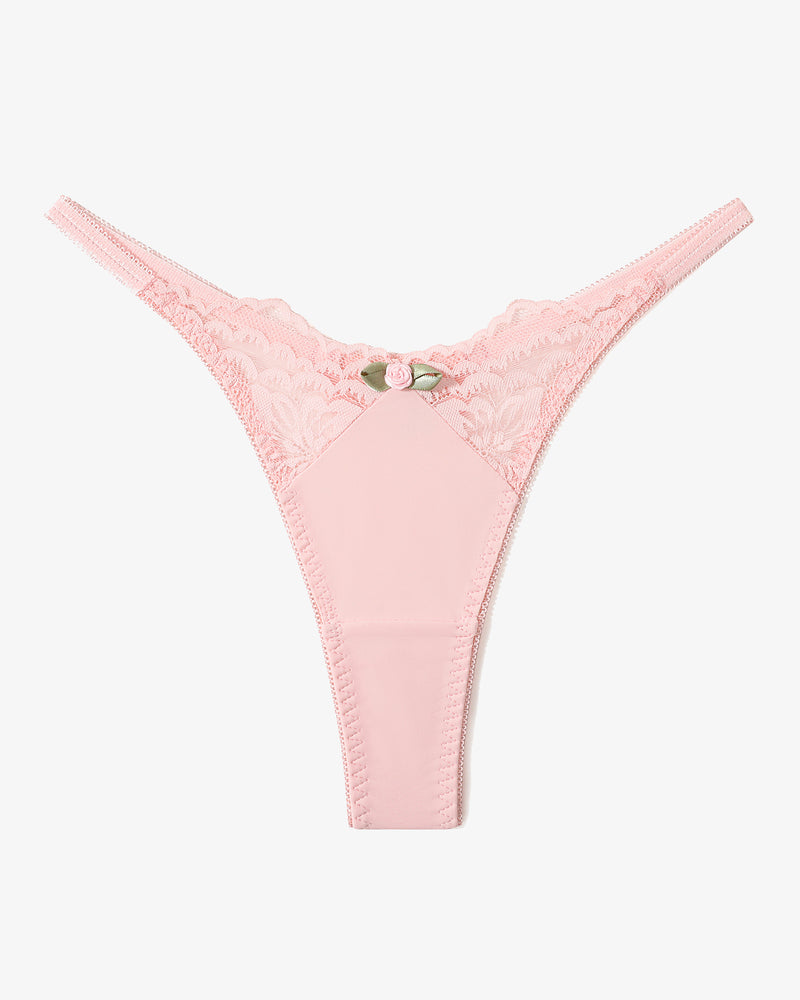Pink lace T-back G-string thong with rose detail. Sexy lingerie for women.