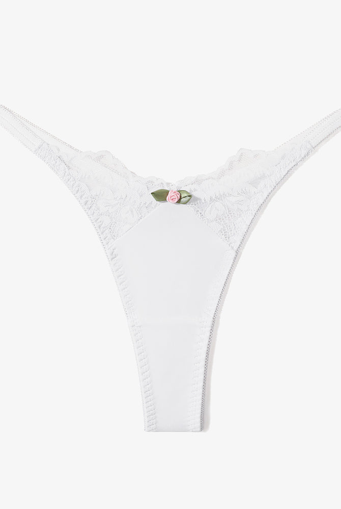 White lace T-back G-string thong with rose detail. Sexy, breathable lingerie for women.
