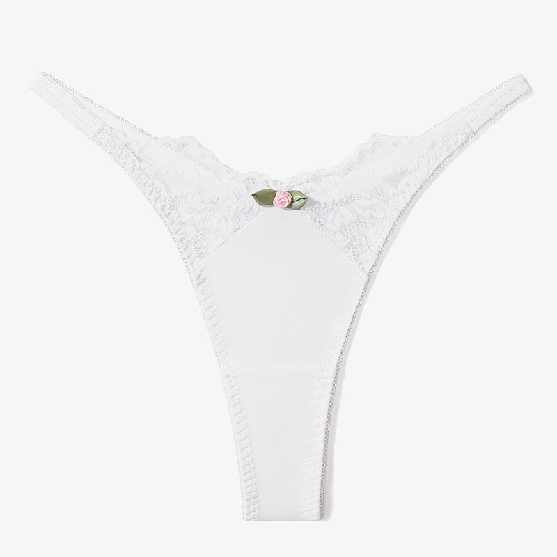 White lace T-back G-string thong with rose detail. Sexy, breathable lingerie for women.