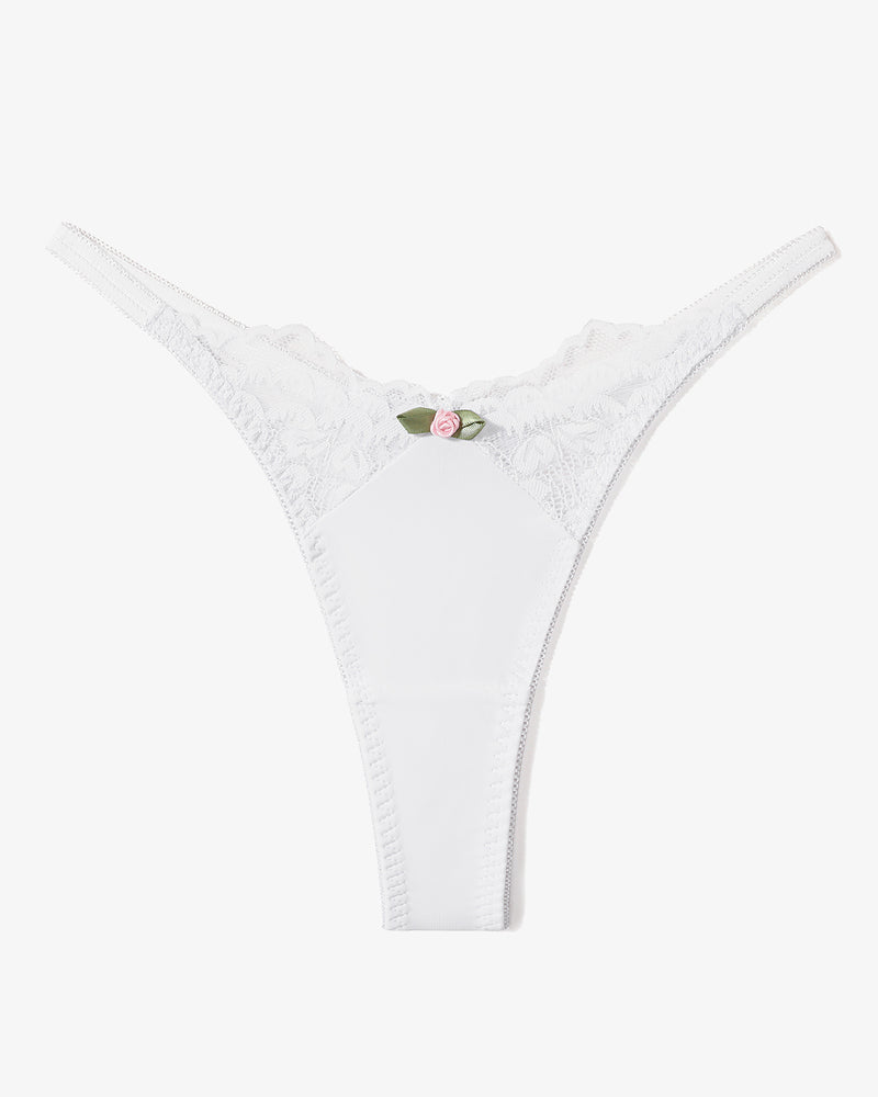 White lace T-back G-string thong with rose detail. Sexy, breathable lingerie for women.