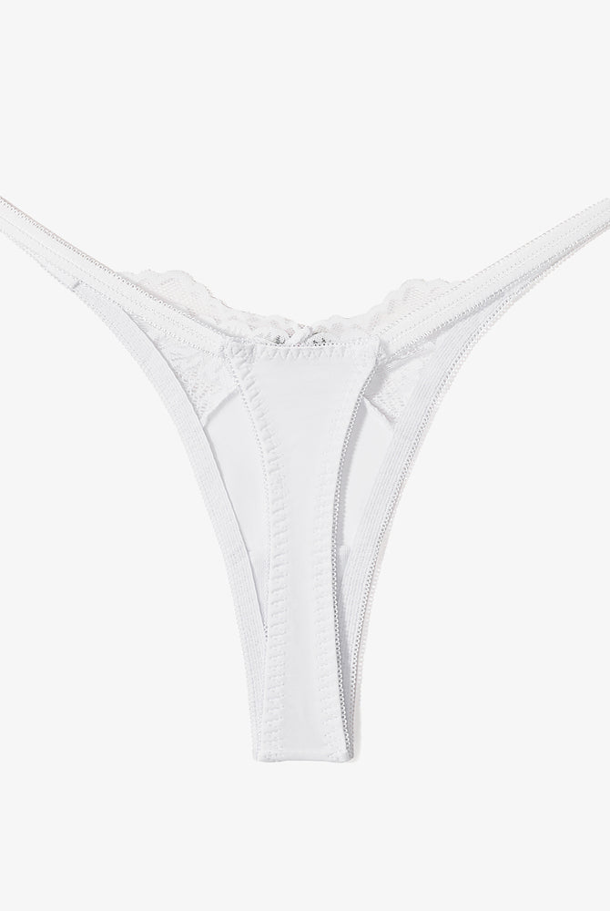 White lace G-string thong, T-back style lingerie. Breathable nylon & spandex blend for women.