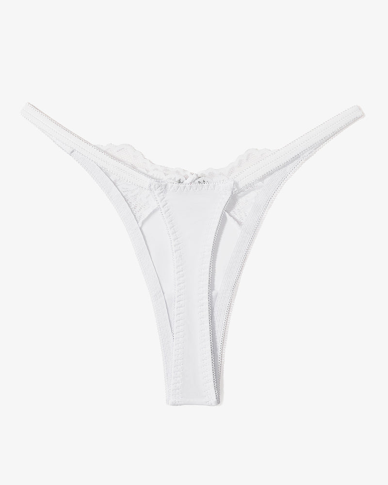 White lace G-string thong, T-back style lingerie. Breathable nylon & spandex blend for women.