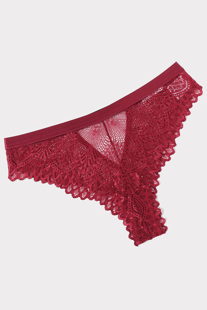 Red lace thong with floral design, elastic waistband, soft and breathable, stylish lingerie.