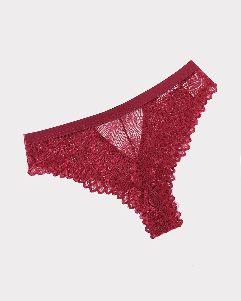 Red lace thong with floral design, elastic waistband, soft and breathable, stylish lingerie.