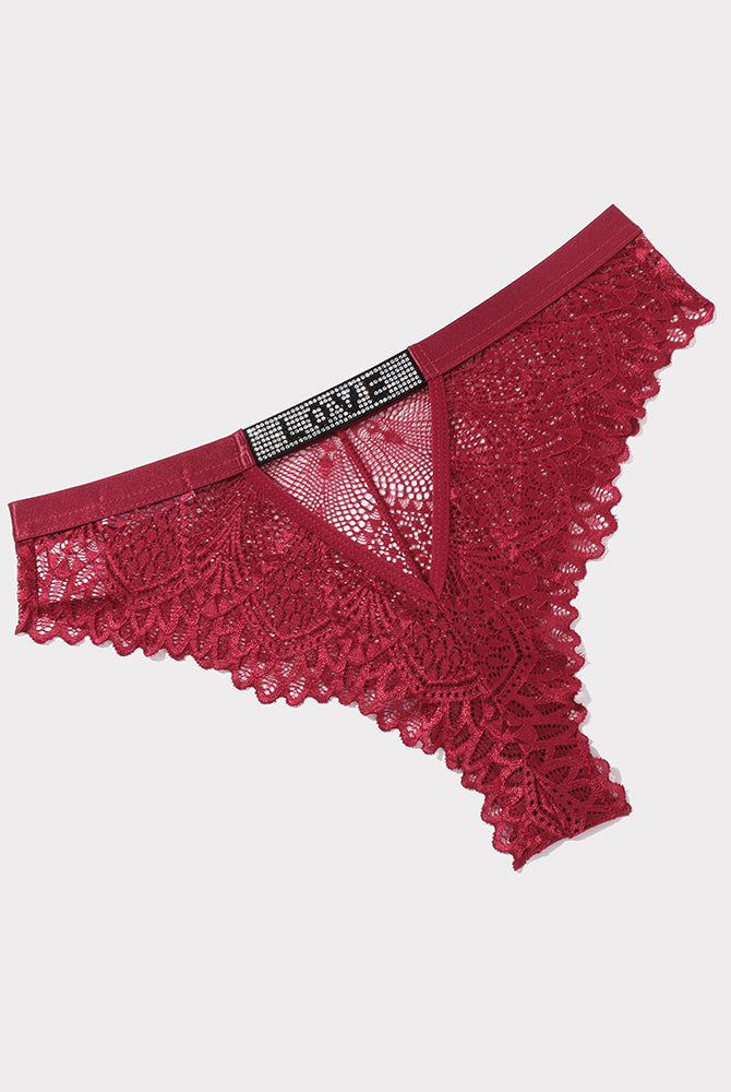 Ruby red lace thong underwear with rhinestone 'LOVE' detail, sexy lingerie for women