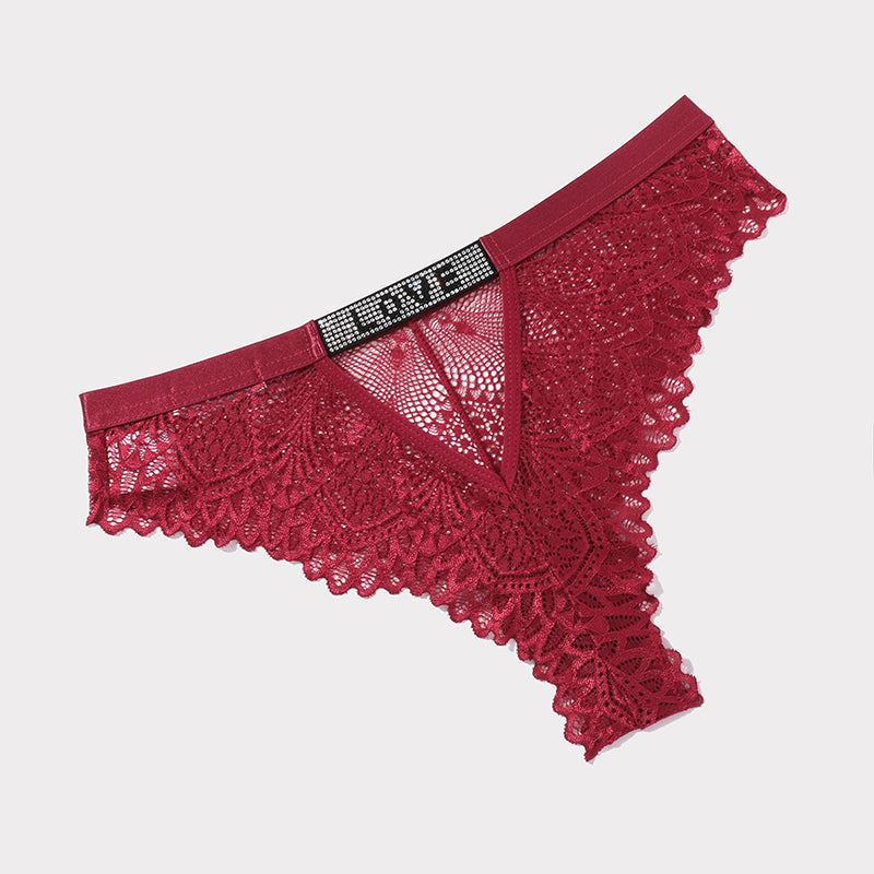 Ruby red lace thong underwear with rhinestone 'LOVE' detail, sexy lingerie for women