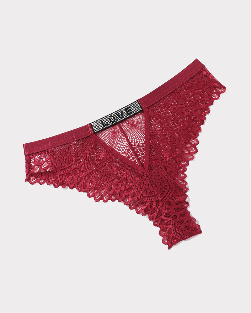 Ruby red lace thong underwear with rhinestone 'LOVE' detail, sexy lingerie for women