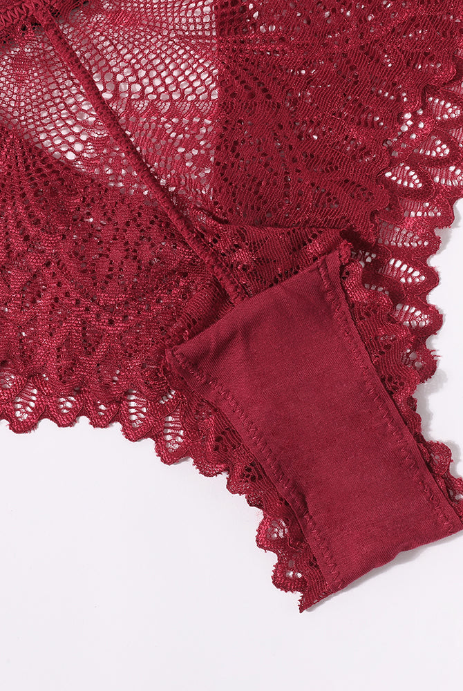 Burgundy lace thong underwear, soft and breathable, designed for a stylish and comfortable fit.