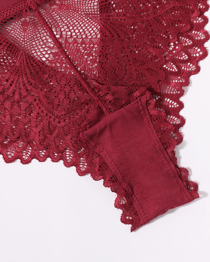 Burgundy lace thong underwear, soft and breathable, designed for a stylish and comfortable fit.