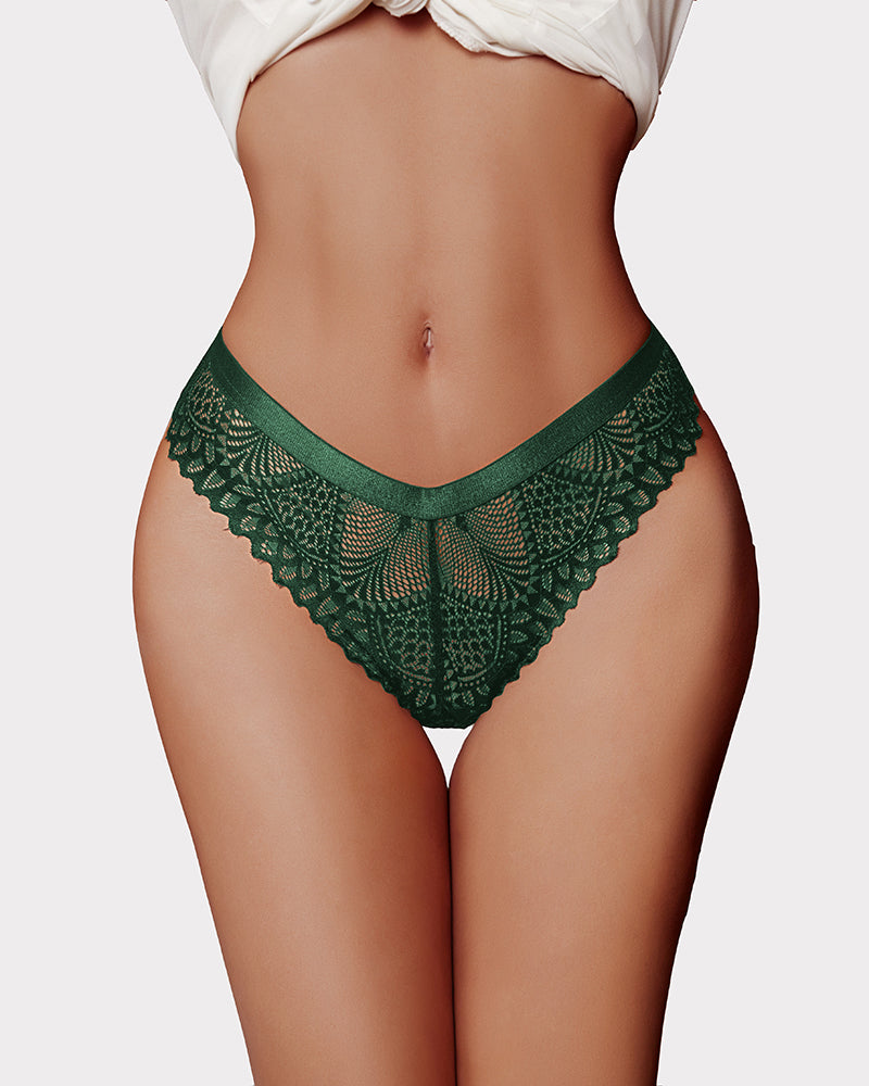 Green lace thong underwear, elegant floral design, soft and breathable, stylish lingerie for women