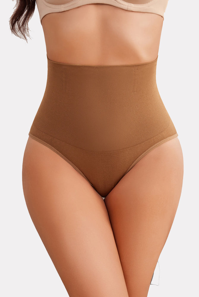 Brown High-Waisted Tummy Control Thong Shapewear - Enhancing curves and smoothing silhouette