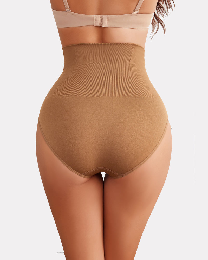 Tan high-waisted tummy control shapewear for enhanced curves and a smooth silhouette.
