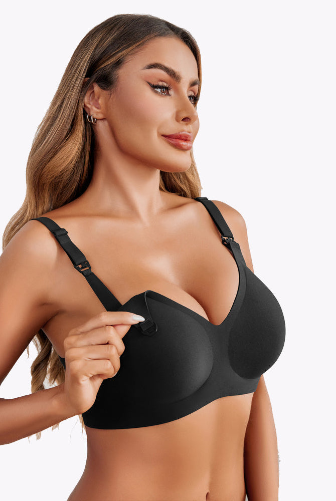 Black seamless maternity bra with easy nursing buckle, comfortable for moms
