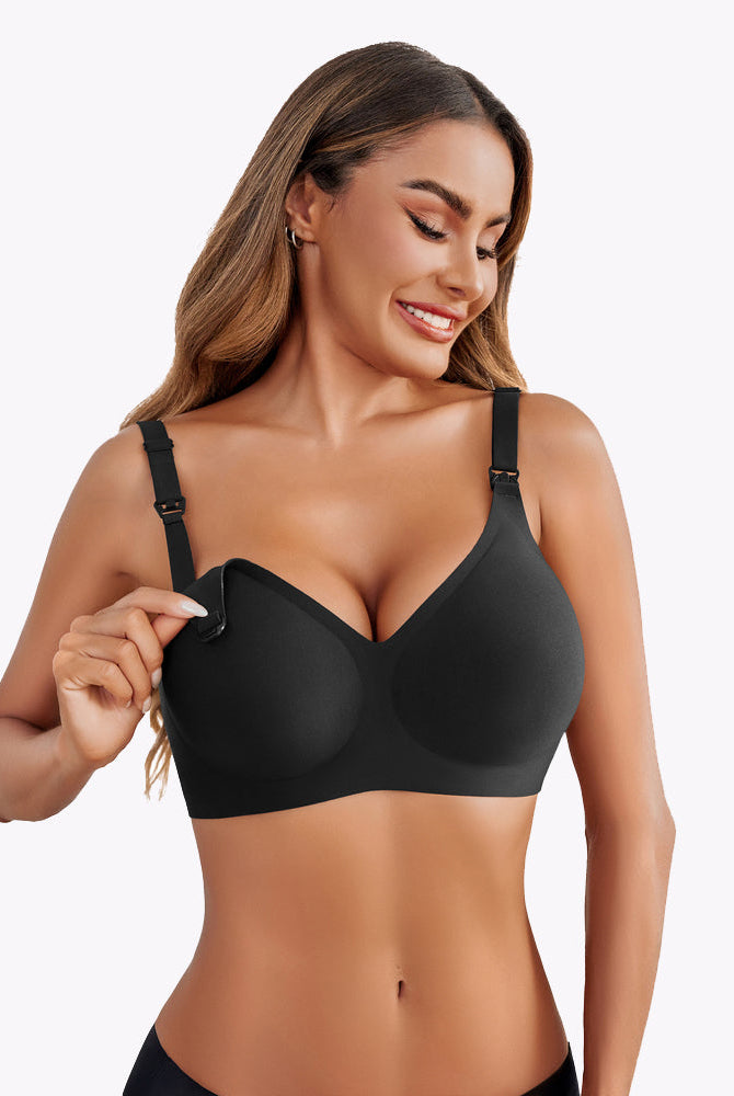 Black seamless maternity bra, soft and comfortable for nursing mothers, featuring easy buckle.