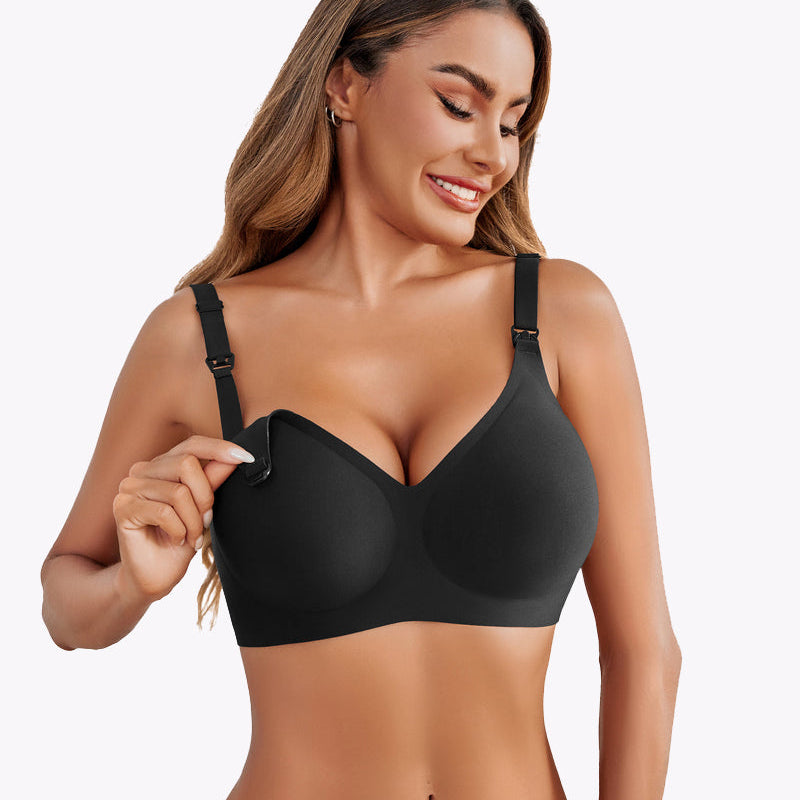 Black seamless maternity bra, soft and comfortable for nursing mothers, featuring easy buckle.
