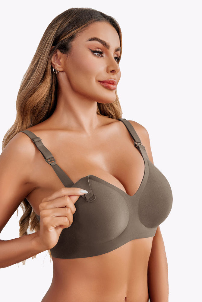 Olive green seamless maternity bra, easy nursing buckle, comfortable and soft, for new moms.