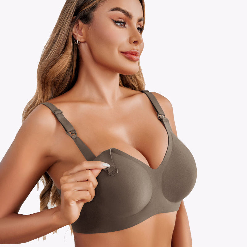 Olive green seamless maternity bra, easy nursing buckle, comfortable and soft, for new moms.